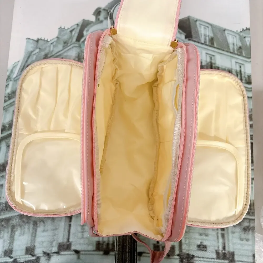 Pink 3‑Layer PU Leather Travel Cosmetic Bag, Toiletry Organizer with Handle